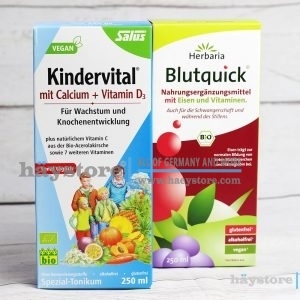Dung dịch hữu cơ bổ sung sắt Blutquick và canxi Kindervital và Vitamin